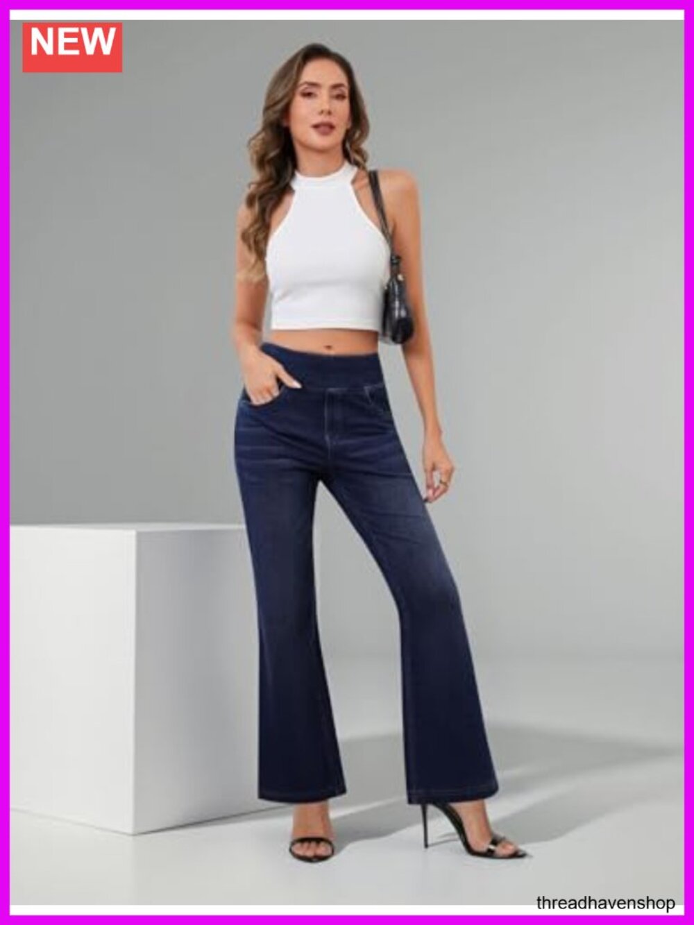 Stretchy High Waisted Flare Jeans Pull On Bootcut with Pockets Wide Leg - Picture 2 of 5